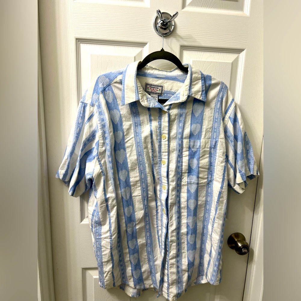 Vintage Venezia Blue and White Heart Button-up Size 14/16